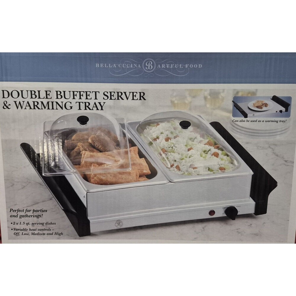 New Bella Cucina Double Buffet Server and Warming Tray  Original Box 2 X 1.5 Qt.